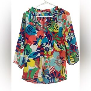 Karlie Multicolor Floral Ruffle Neck Blouse Small NWOT | Tropical Split V-Neck
